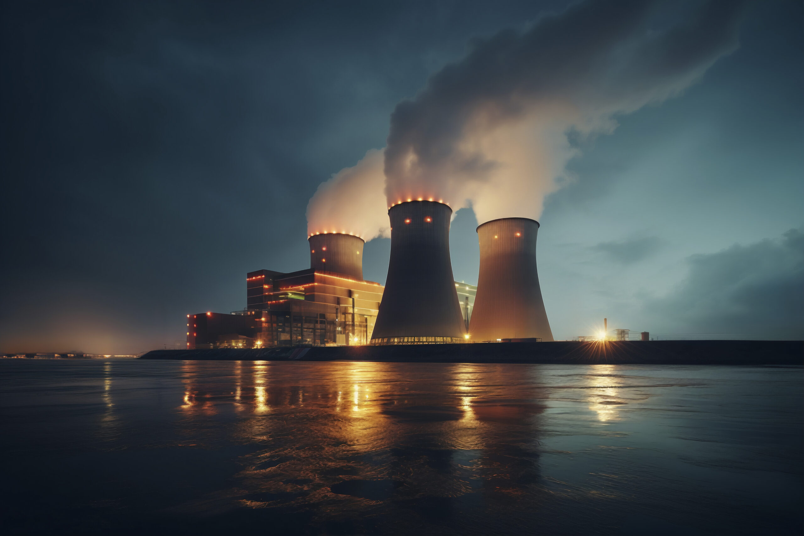 view nuclear power plant with towers letting out steam from process scaled